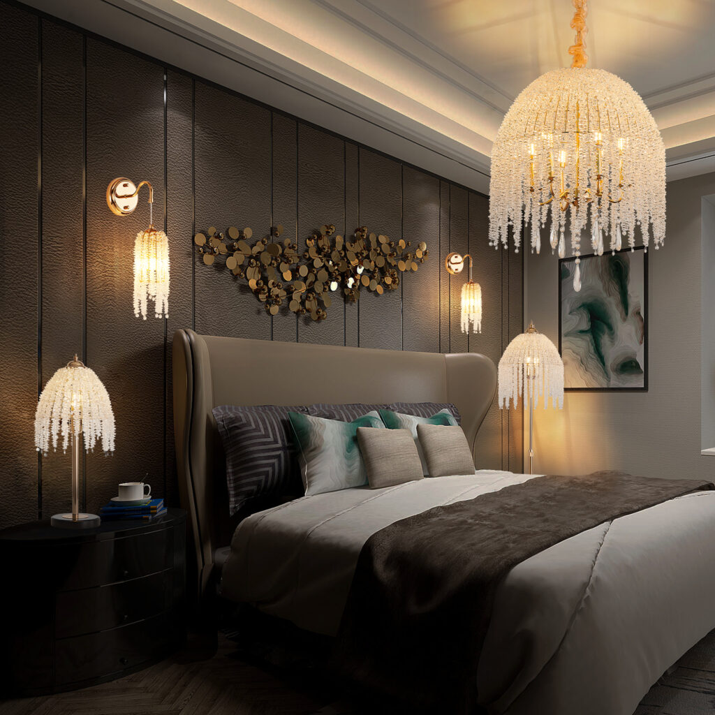 20 Inch 6 Light K9 Crystal Pendant Light Chandelier Elegant Waterfall Design With Cascading Crystal Bead Strings And Gold Finish For Living Room, Bedroom, Or Dining Area Bulb Not Included
