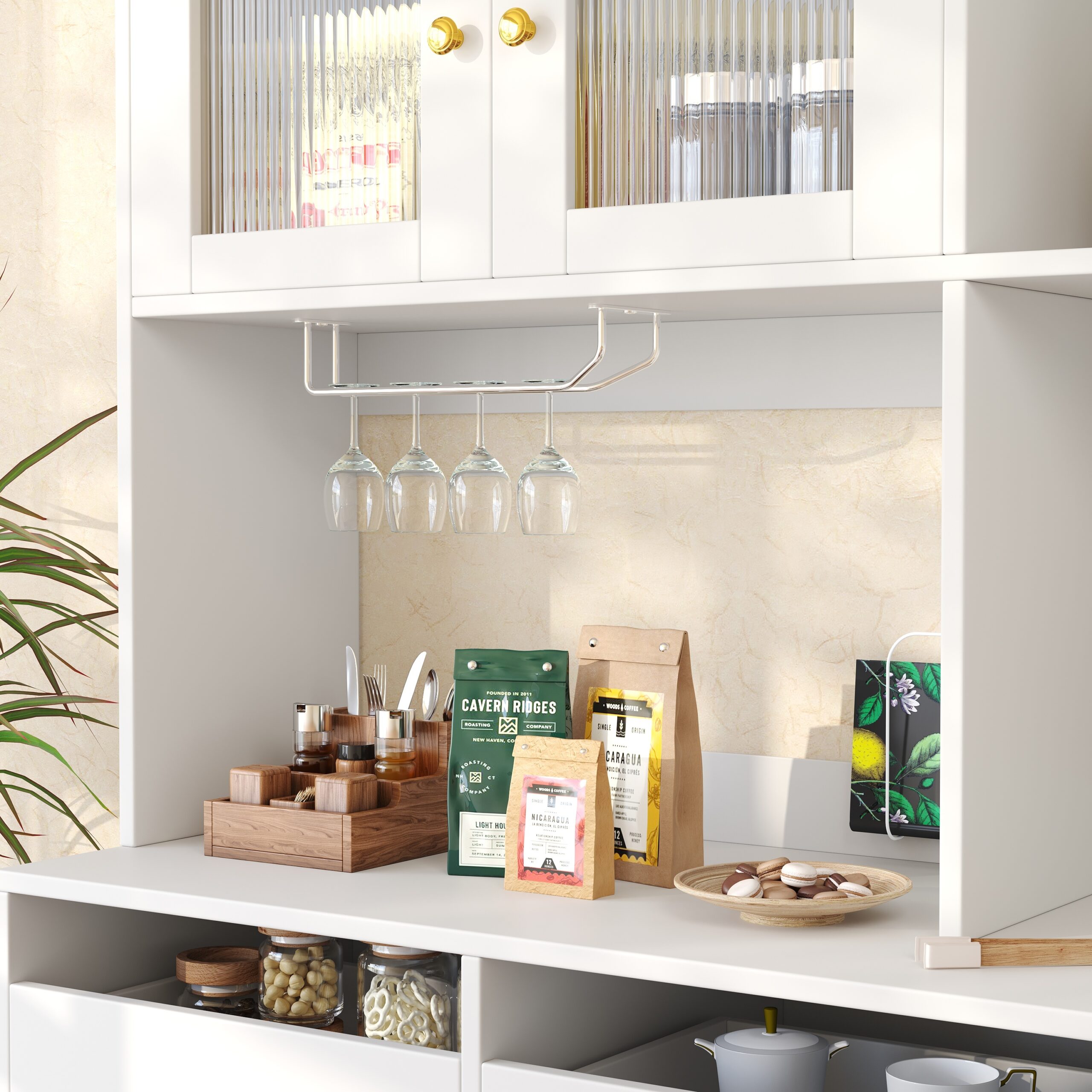 Multi-purpose Storage Cabinet145 X 39 X 171 Cm, Modern Design, With Changhong Glass Door, Wine Glass Holder, Multi-layered Storage Space, White With Gold Decoration, Suitable For Home And Restaurant - Image 5