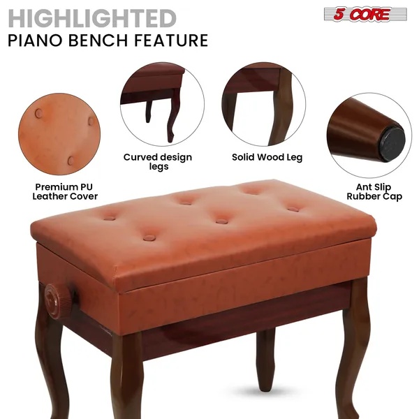 5 Core Piano Bench 3" Padded Cushioned Stool Wooden Heavy Duty Adjustable Musician Chair W Storage - PNB WD HD CML BR - Image 2