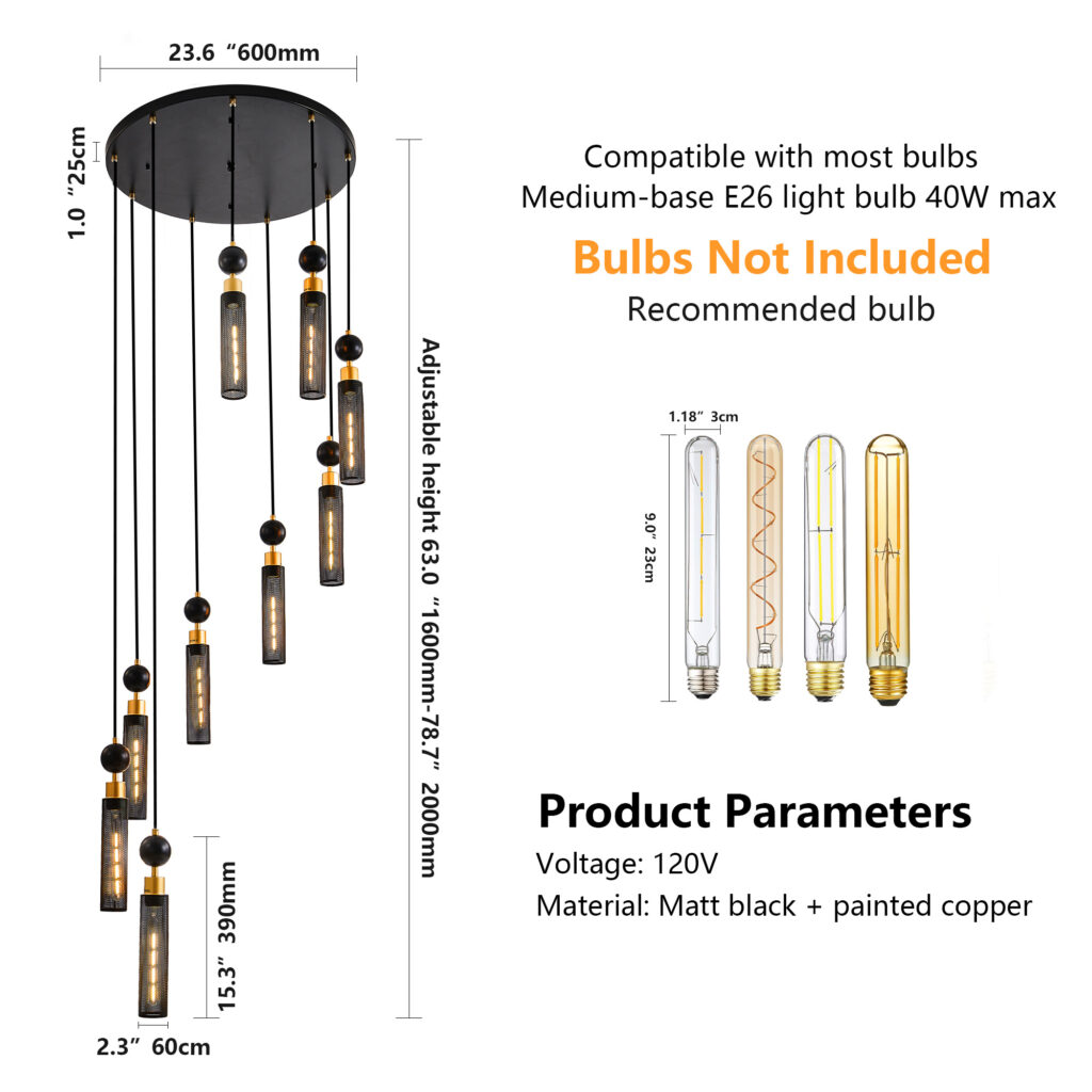 24 Modern Industrial Multi-Light Pendant Chandelier - 9-Light Black And Gold Adjustable Ceiling Light Fixture With Mesh Cylinder Shades For Living Room, Dining Room, Or Staircase Bulb Not Included
