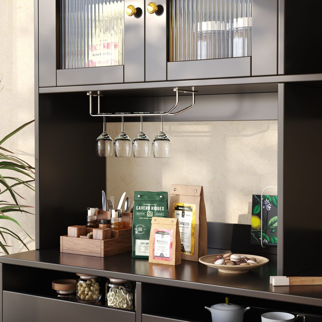 Multi-purpose Storage Cabinet145 X 39 X 171 Cm Modern Design, With Changhong Glass Door, Wine Glass Holder, Multi-layered Storage Space, Black With Gold Decoration, Suitable For Home And Restaurant