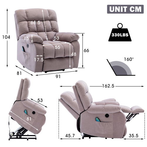 Electric Power Lift Recliner Chair Sofa With Massage And Heat For Elderly 2 Side Pockets USB Ports Single Recliner Chairs For Living Room Overstuffed Breathable Fabric Reclining - Image 19