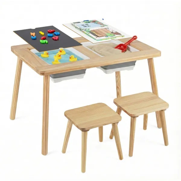 All-in-One Kids Activity Table And Chairs Set, Pine Wood Sensory Table With Foldable Storage Bins, Chalkboard & Whiteboard For Ages 3+ - Image 5