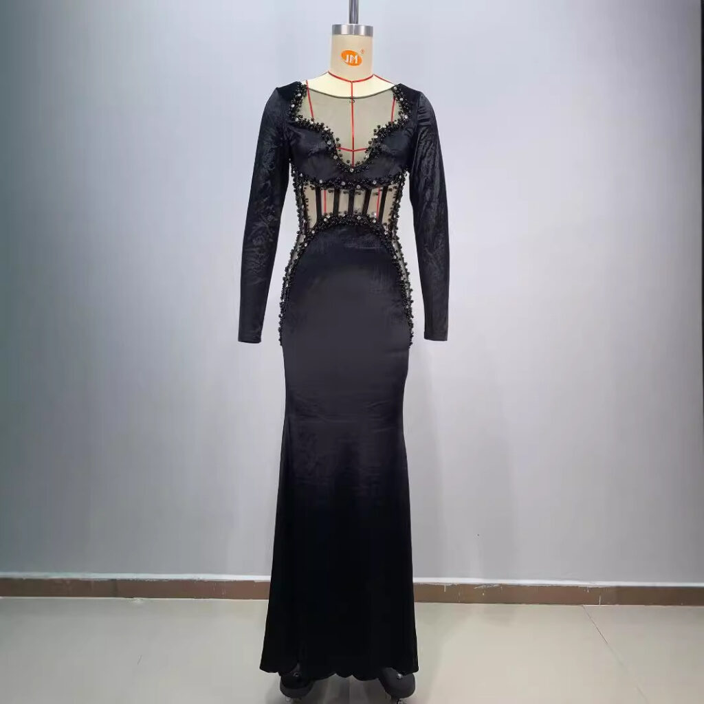 Women's Beaded See-through Fishbone Abdomen-control Black Dress