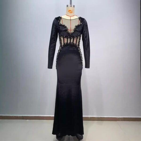 Women's Beaded See-through Fishbone Abdomen-control Black Dress - Image 2