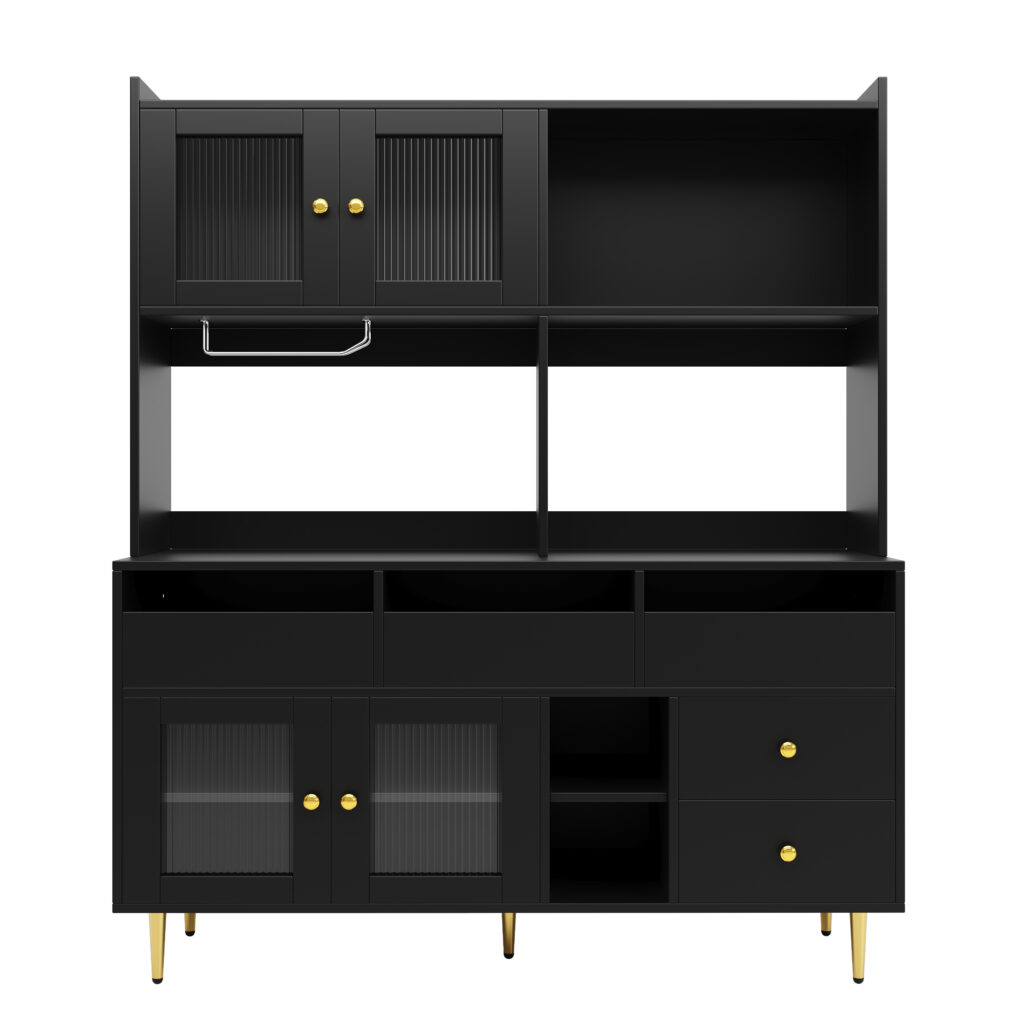 Multi-purpose Storage Cabinet145 X 39 X 171 Cm Modern Design, With Changhong Glass Door, Wine Glass Holder, Multi-layered Storage Space, Black With Gold Decoration, Suitable For Home And Restaurant