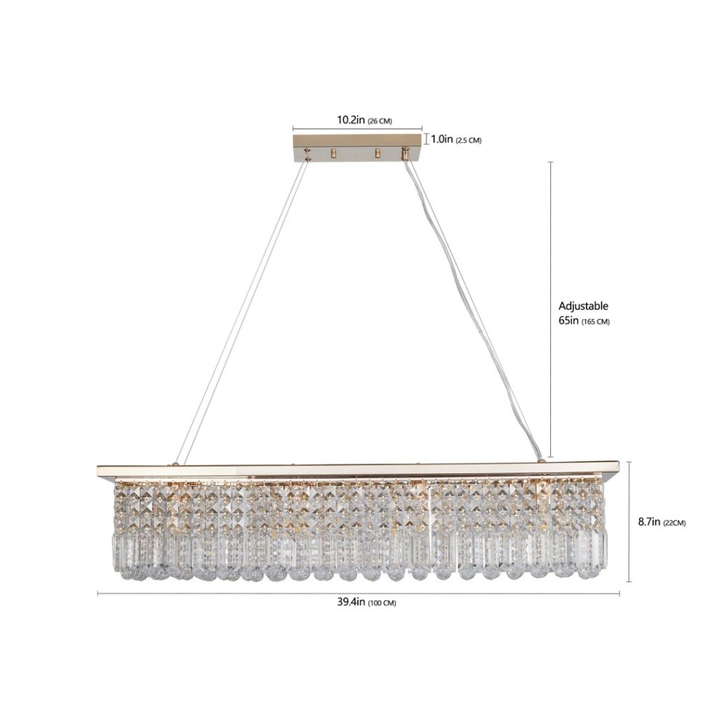 Modern Crystal Chandelier For Dining Room 8-Light Gold Rectangle Raindrop Chandelier Contemporary Rectangular Pendant Light Fixture For Kitchen Island Bar L39.4 X W9.8 X H8.7 Bulb Not Included