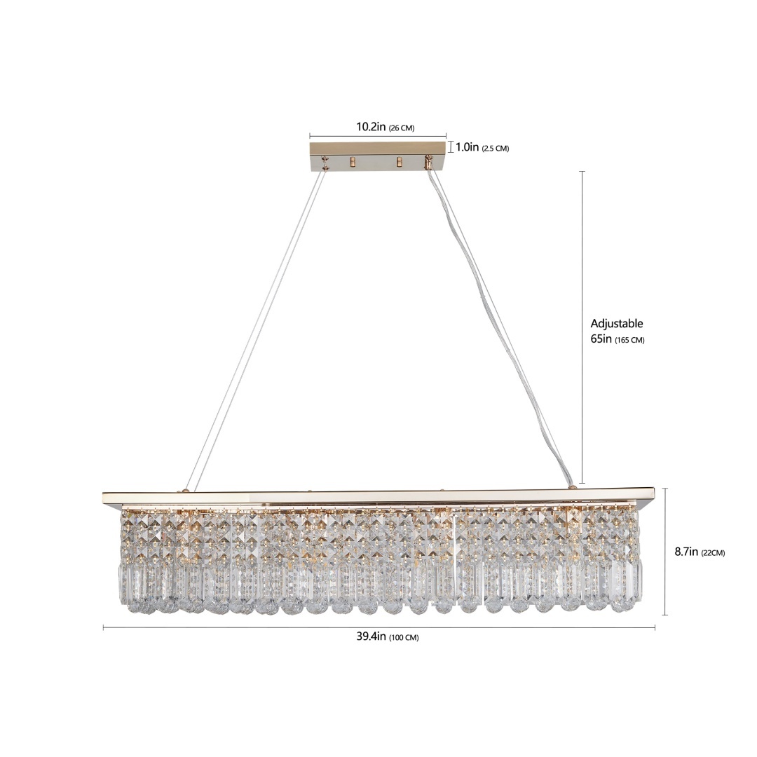 Modern Crystal Chandelier For Dining Room 8-Light Gold Rectangle Raindrop Chandelier Contemporary Rectangular Pendant Light Fixture For Kitchen Island Bar L39.4  X W9.8   X H8.7  Bulb Not Included - Image 7