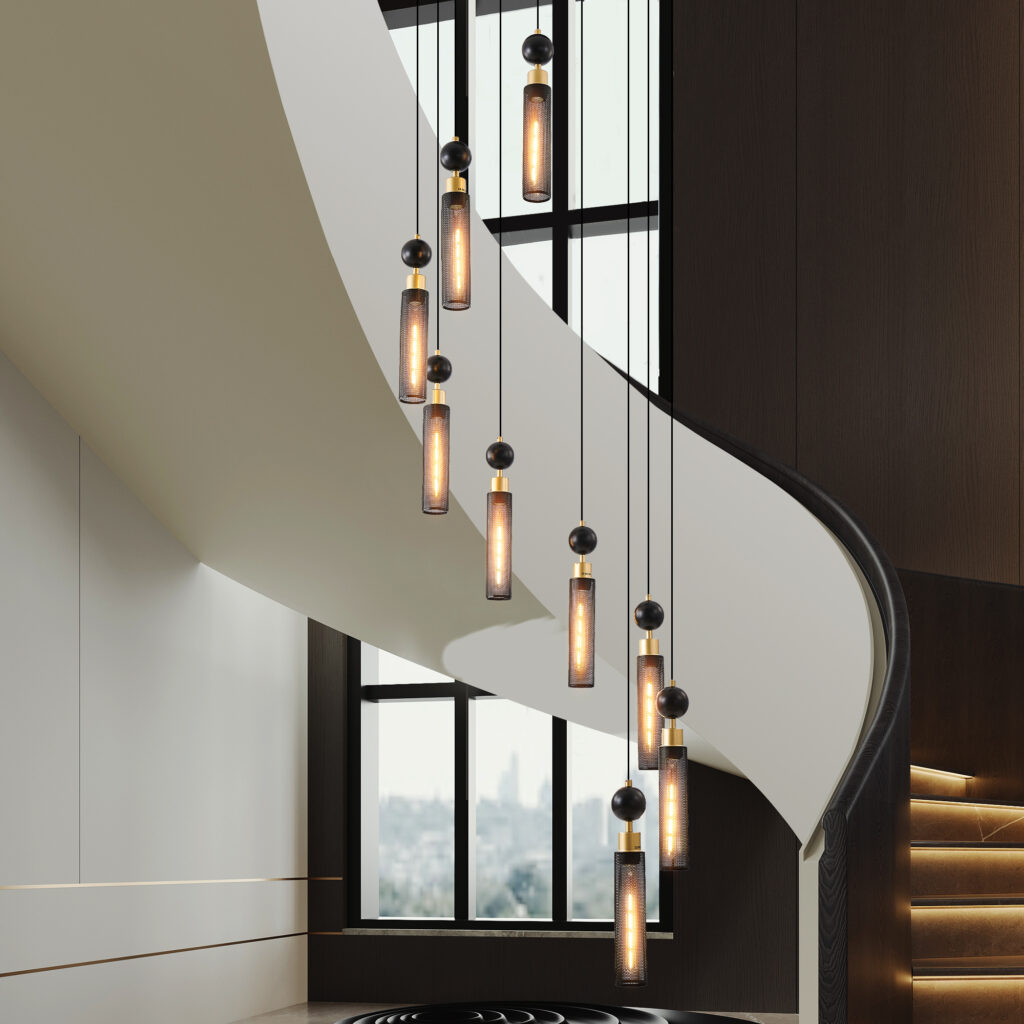 24 Modern Industrial Multi-Light Pendant Chandelier - 9-Light Black And Gold Adjustable Ceiling Light Fixture With Mesh Cylinder Shades For Living Room, Dining Room, Or Staircase Bulb Not Included