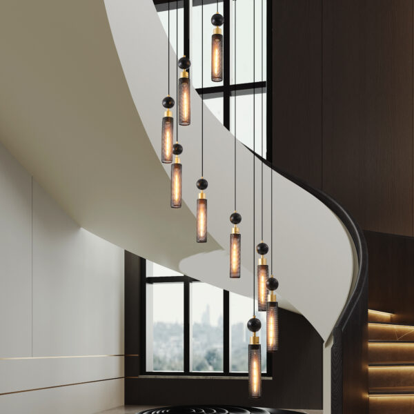 24 Modern Industrial Multi-Light Pendant Chandelier - 9-Light Black And Gold Adjustable Ceiling Light Fixture With Mesh Cylinder Shades For Living Room, Dining Room, Or Staircase Bulb Not Included - Image 3