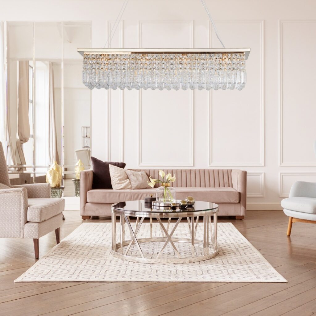 Modern Crystal Chandelier For Dining Room 8-Light Gold Rectangle Raindrop Chandelier Contemporary Rectangular Pendant Light Fixture For Kitchen Island Bar L39.4 X W9.8 X H8.7 Bulb Not Included