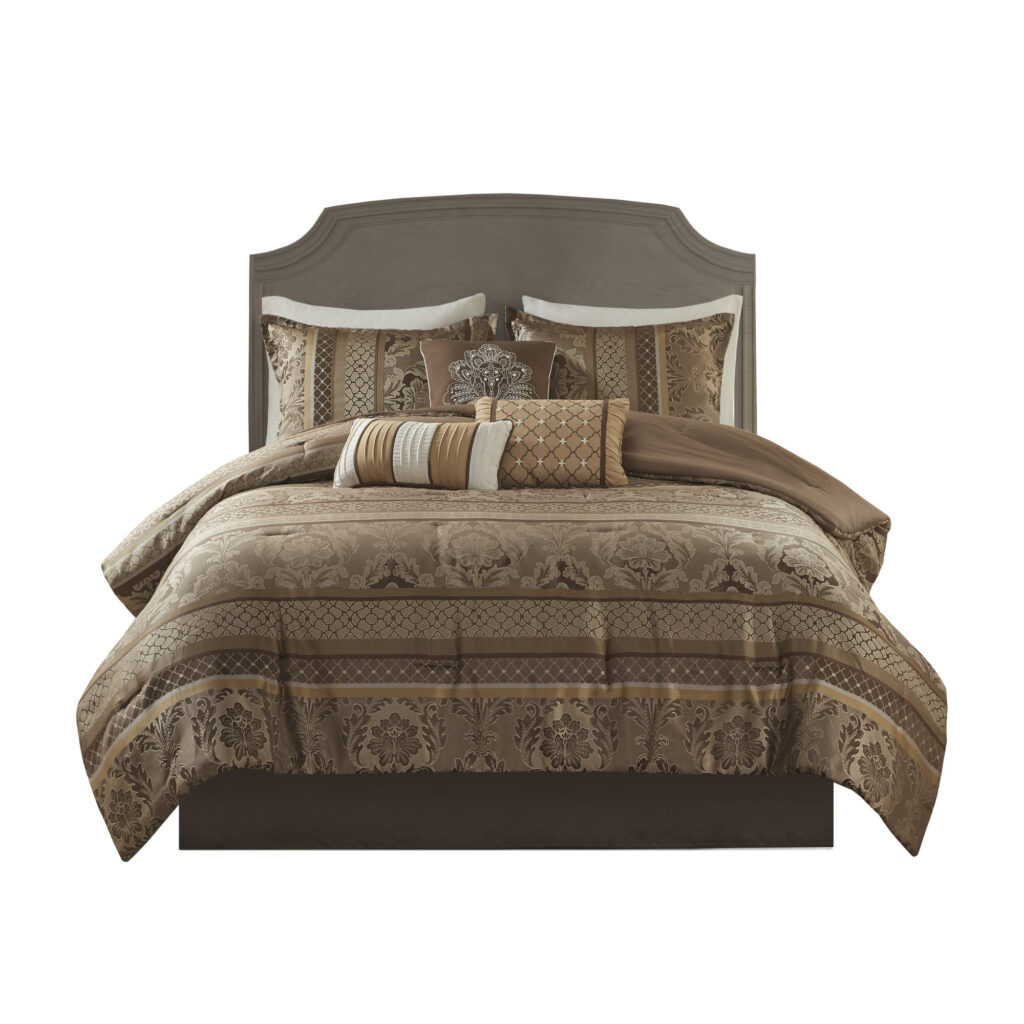 7 Piece Jacquard Comforter Set Brown Gold Cal King