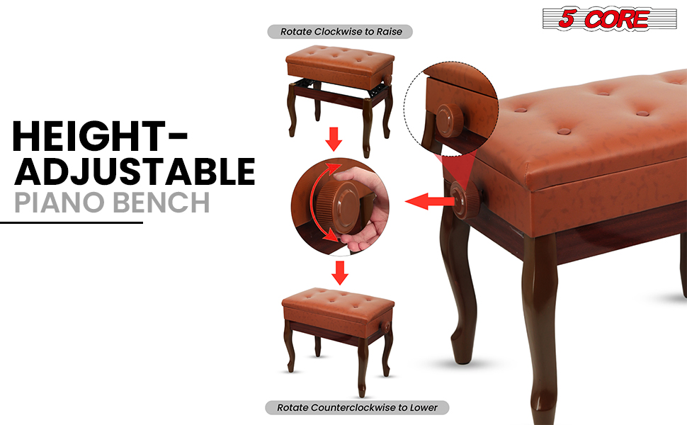 5 Core Piano Bench 3" Padded Cushioned Stool Wooden Heavy Duty Adjustable Musician Chair W Storage - PNB WD HD CML BR - Image 6