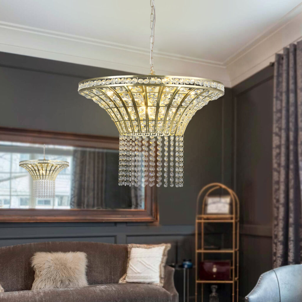 Same As W1340P189414-L005016-D600-P8G 24in Modern Crystal Round Chandelier With Gold Finish, Elegant Pendant Light With Cascading Beads, For Dining Room, Living Room, Or Foyer No Bulbs