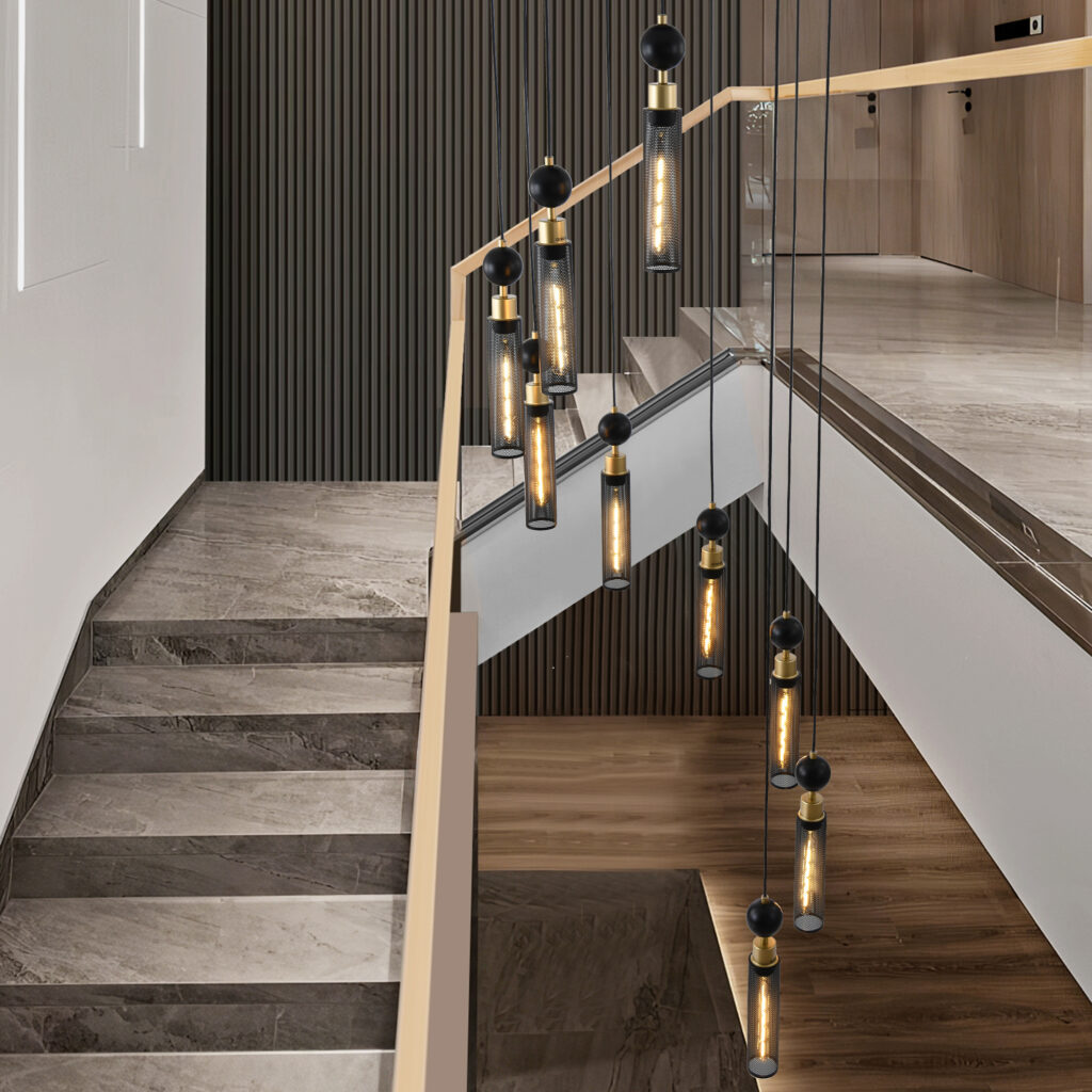 24 Modern Industrial Multi-Light Pendant Chandelier - 9-Light Black And Gold Adjustable Ceiling Light Fixture With Mesh Cylinder Shades For Living Room, Dining Room, Or Staircase Bulb Not Included