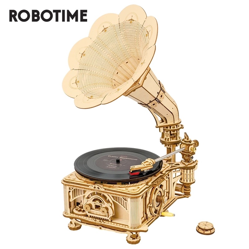 Robotime ROKR DIY Hand Crank Classic Gramophone Wooden Puzzle Model Building Kits Assembly Toy Gift For Children LKB01 - Image 1