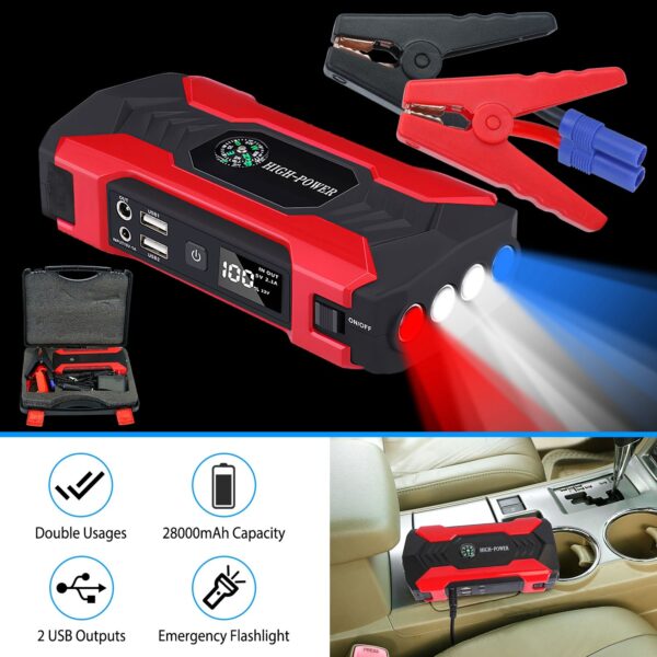 Car Jump Starter Booster 800A Peak 28000mAh 12V Battery Charger Up To 6.0L Gas Or 3.0L Diesel Engine With LCD Screen 4 Modes LED Flashlight - Image 11