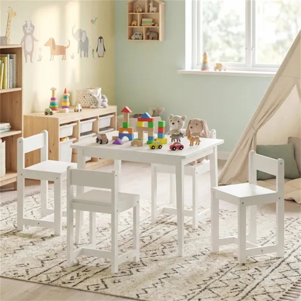 Kids Wooden Table And Chairs Set (1 Table + 4 Chairs), Rubber Wood Toddler Activity Set (White) - Image 2