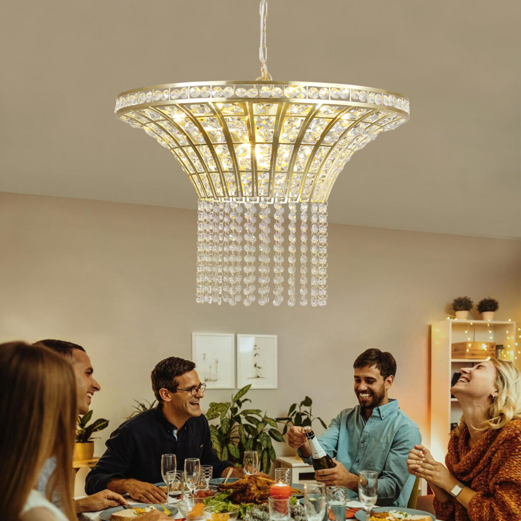 Same As W1340P189414-L005016-D600-P8G 24in Modern Crystal Round Chandelier With Gold Finish, Elegant Pendant Light With Cascading Beads, For Dining Room, Living Room, Or Foyer No Bulbs