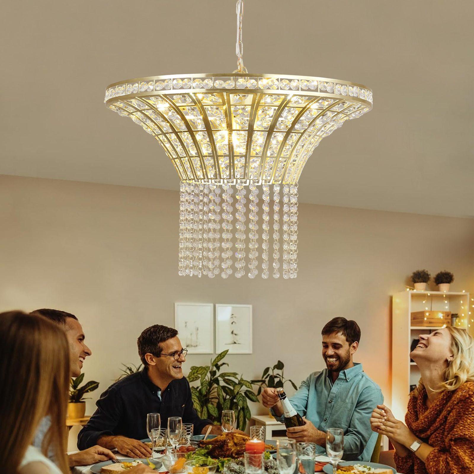 Same As W1340P189414-L005016-D600-P8G 24in Modern Crystal Round Chandelier With Gold Finish, Elegant Pendant Light With Cascading Beads, For Dining Room, Living Room, Or Foyer  No Bulbs - Image 13