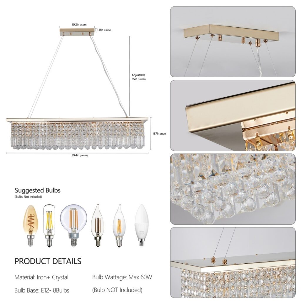 Modern Crystal Chandelier For Dining Room 8-Light Gold Rectangle Raindrop Chandelier Contemporary Rectangular Pendant Light Fixture For Kitchen Island Bar L39.4 X W9.8 X H8.7 Bulb Not Included