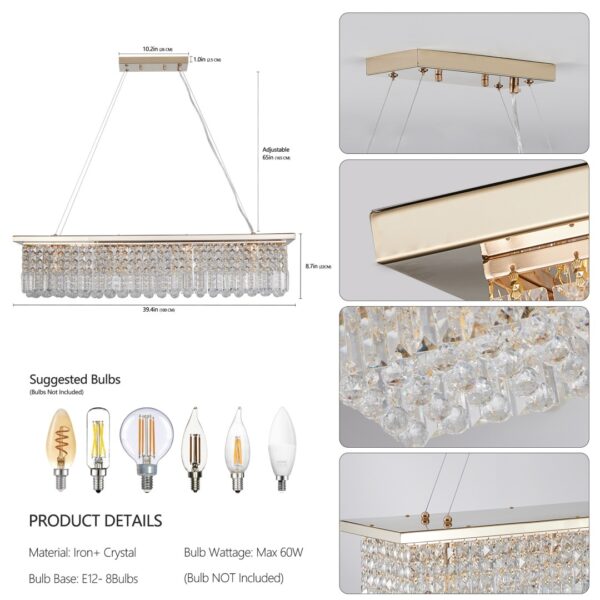 Modern Crystal Chandelier For Dining Room 8-Light Gold Rectangle Raindrop Chandelier Contemporary Rectangular Pendant Light Fixture For Kitchen Island Bar L39.4  X W9.8   X H8.7  Bulb Not Included - Image 5