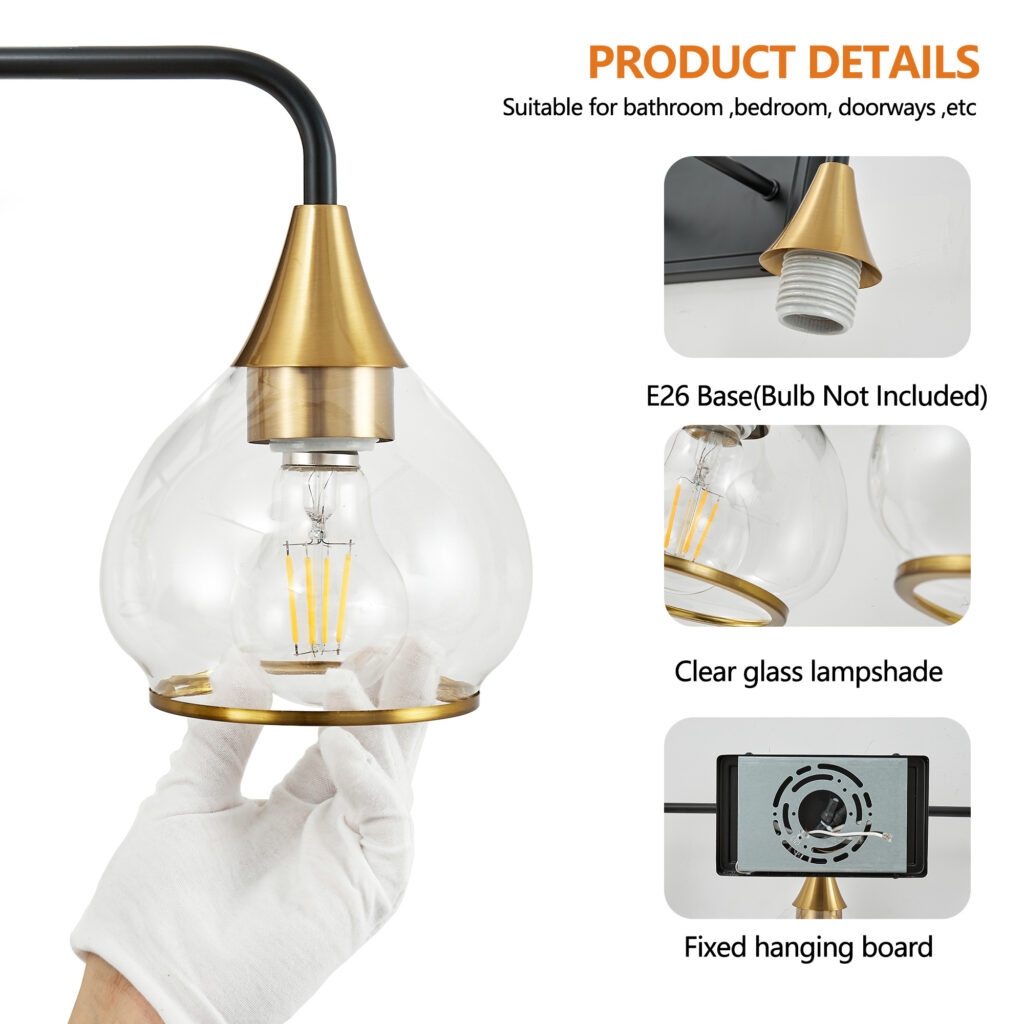 48in  Modern 6-Light Vanity Wall Sconce - Black And Gold Bathroom Light Fixture With Clear Glass Shades, Industrial Wall Mounted Lamp For Mirror, Vanity, And Living Spaces  Bulb Not Included