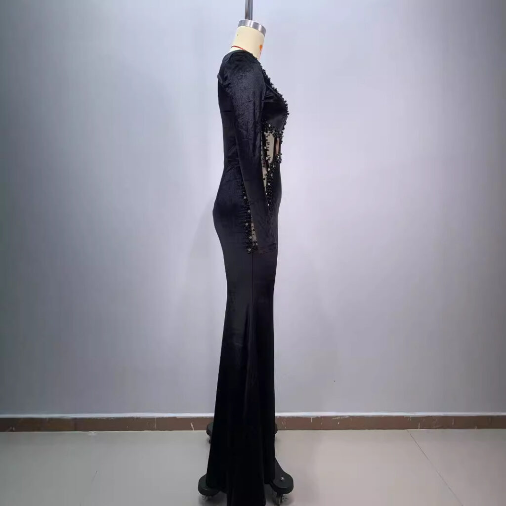 Women's Beaded See-through Fishbone Abdomen-control Black Dress