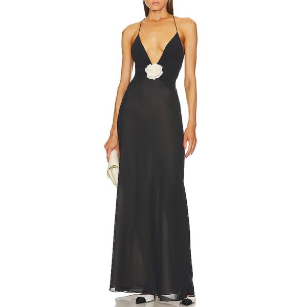 Elegant Deep V-neck Decorative Flower Suspender Skirt