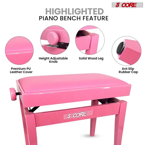 5 Core Adjustable Piano Bench Thick 3.25" Solid Wood Keyboard Stool Heavy Duty Musician Chair - Image 4