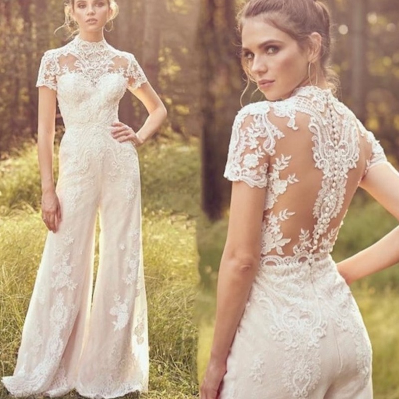 Bride Pants Suit Wedding Bridal Gowns Short Sleeve Jumpsuit - Image 1