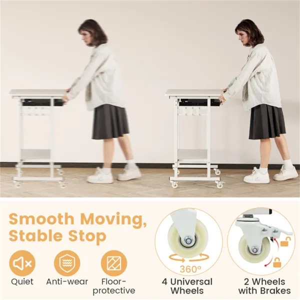 White Mobile Computer Desk With Keyboard Tray & Storage Shelf, 360 Lockable Casters For Home Office - Image 6