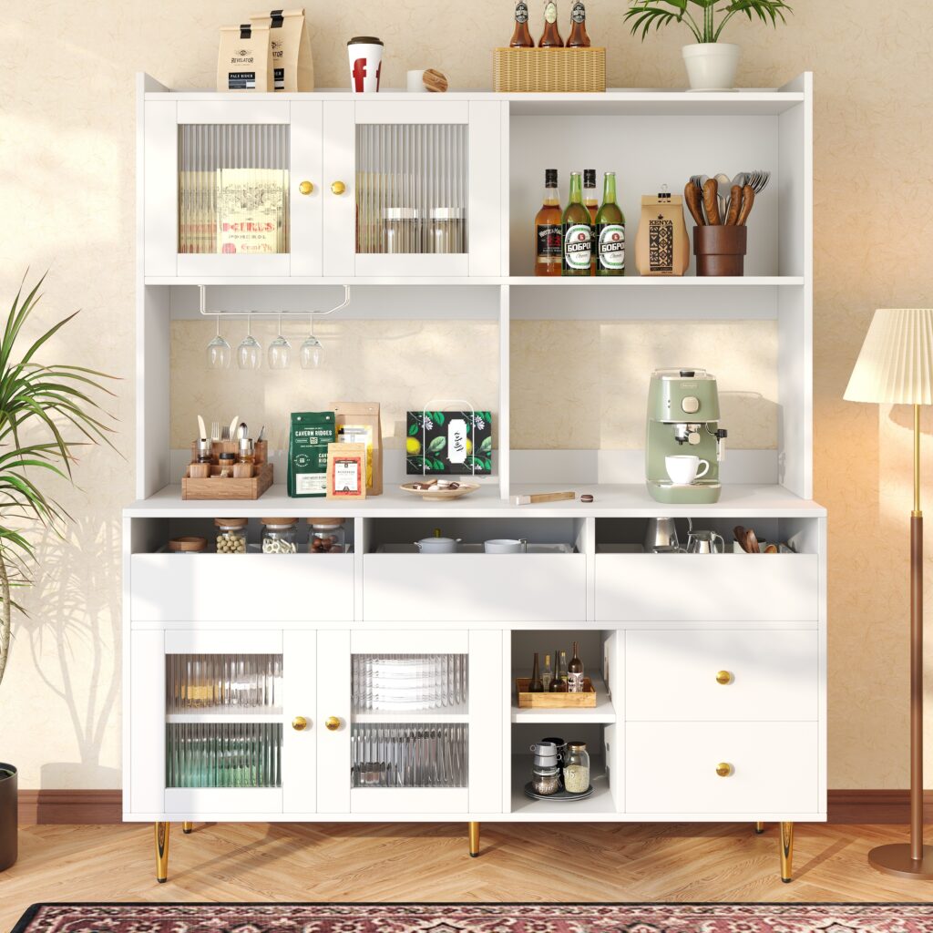 Multi-purpose Storage Cabinet145 X 39 X 171 Cm, Modern Design, With Changhong Glass Door, Wine Glass Holder, Multi-layered Storage Space, White With Gold Decoration, Suitable For Home And Restaurant