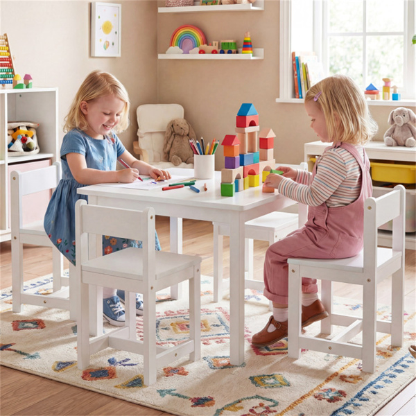 Kids Wooden Table And Chairs Set (1 Table + 4 Chairs), Rubber Wood Toddler Activity Set (White) - Image 7