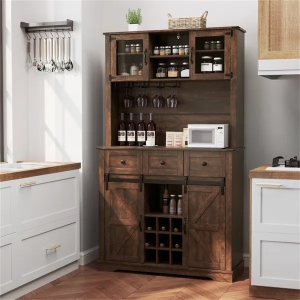 Brown Farmhouse 72" Pantry Cabinet With Hutch, Sliding Barn Doors & Wine Storage Rack - Image 3