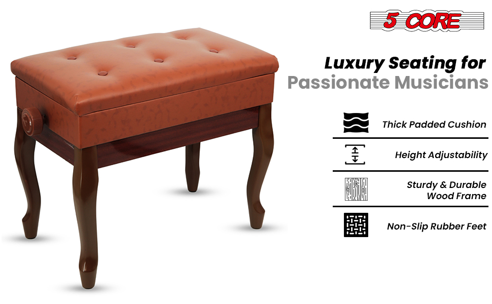 5 Core Piano Bench 3" Padded Cushioned Stool Wooden Heavy Duty Adjustable Musician Chair W Storage - PNB WD HD CML BR - Image 7