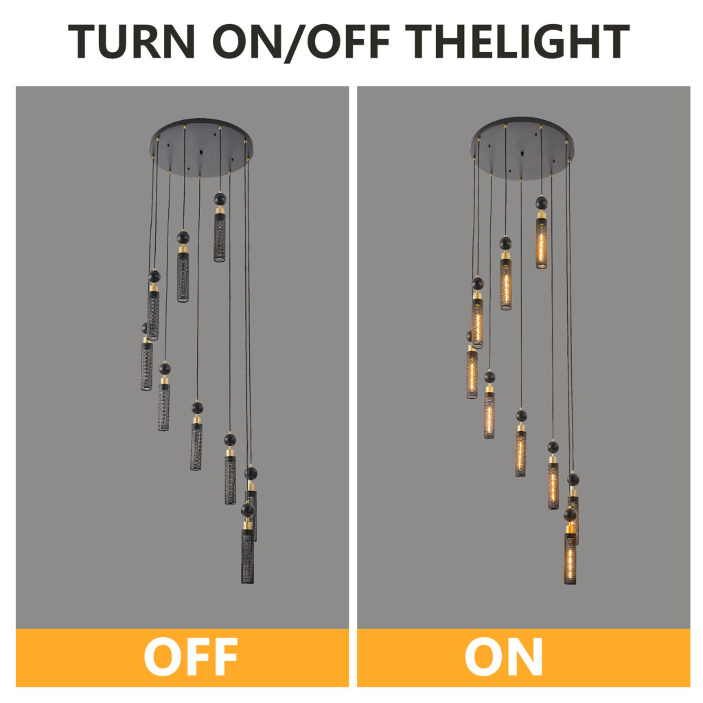 24 Modern Industrial Multi-Light Pendant Chandelier - 9-Light Black And Gold Adjustable Ceiling Light Fixture With Mesh Cylinder Shades For Living Room, Dining Room, Or Staircase Bulb Not Included