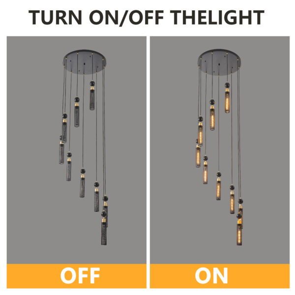 24 Modern Industrial Multi-Light Pendant Chandelier - 9-Light Black And Gold Adjustable Ceiling Light Fixture With Mesh Cylinder Shades For Living Room, Dining Room, Or Staircase Bulb Not Included - Image 9