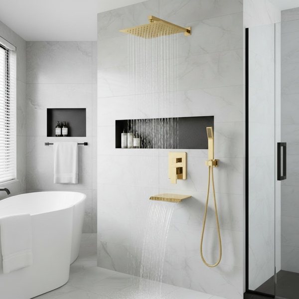 Rain Shower System Brushed Gold Tub Shower Faucet Set 10 Inch Square Rainfall Shower Head With Handheld Sprayer And Waterfall Tub Spout[Unable Ship Weekends, TK/TEMU Only For Pickup] - Image 4