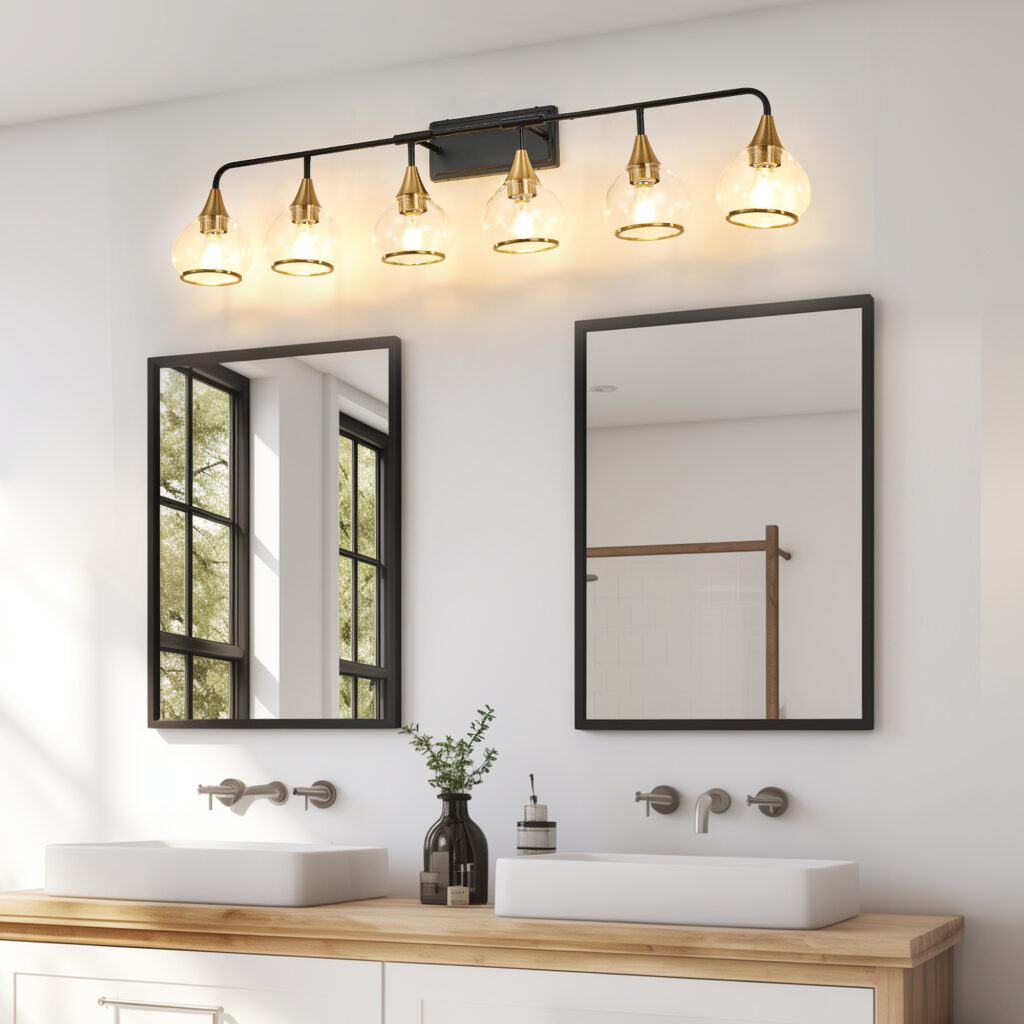 48in  Modern 6-Light Vanity Wall Sconce - Black And Gold Bathroom Light Fixture With Clear Glass Shades, Industrial Wall Mounted Lamp For Mirror, Vanity, And Living Spaces  Bulb Not Included
