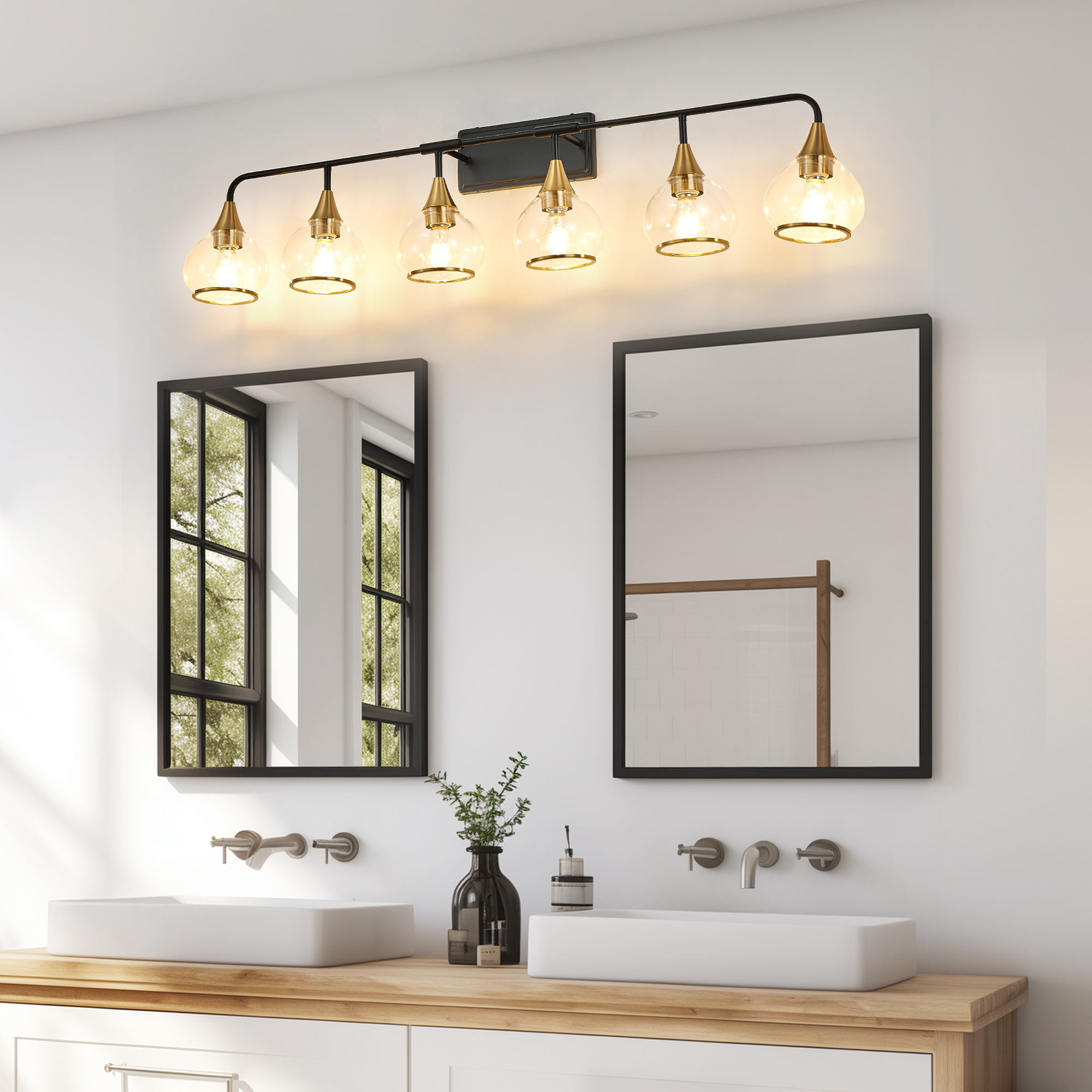 48in  Modern 6-Light Vanity Wall Sconce - Black And Gold Bathroom Light Fixture With Clear Glass Shades, Industrial Wall Mounted Lamp For Mirror, Vanity, And Living Spaces  Bulb Not Included - Image 4