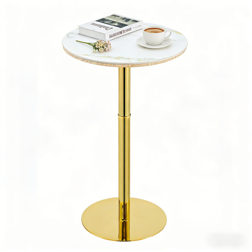 Rock Slab Circular Tabletop Non Adjustable  39.5 Inches High  Bar Table, Bar Table With Gold Legs And Base  White Gold