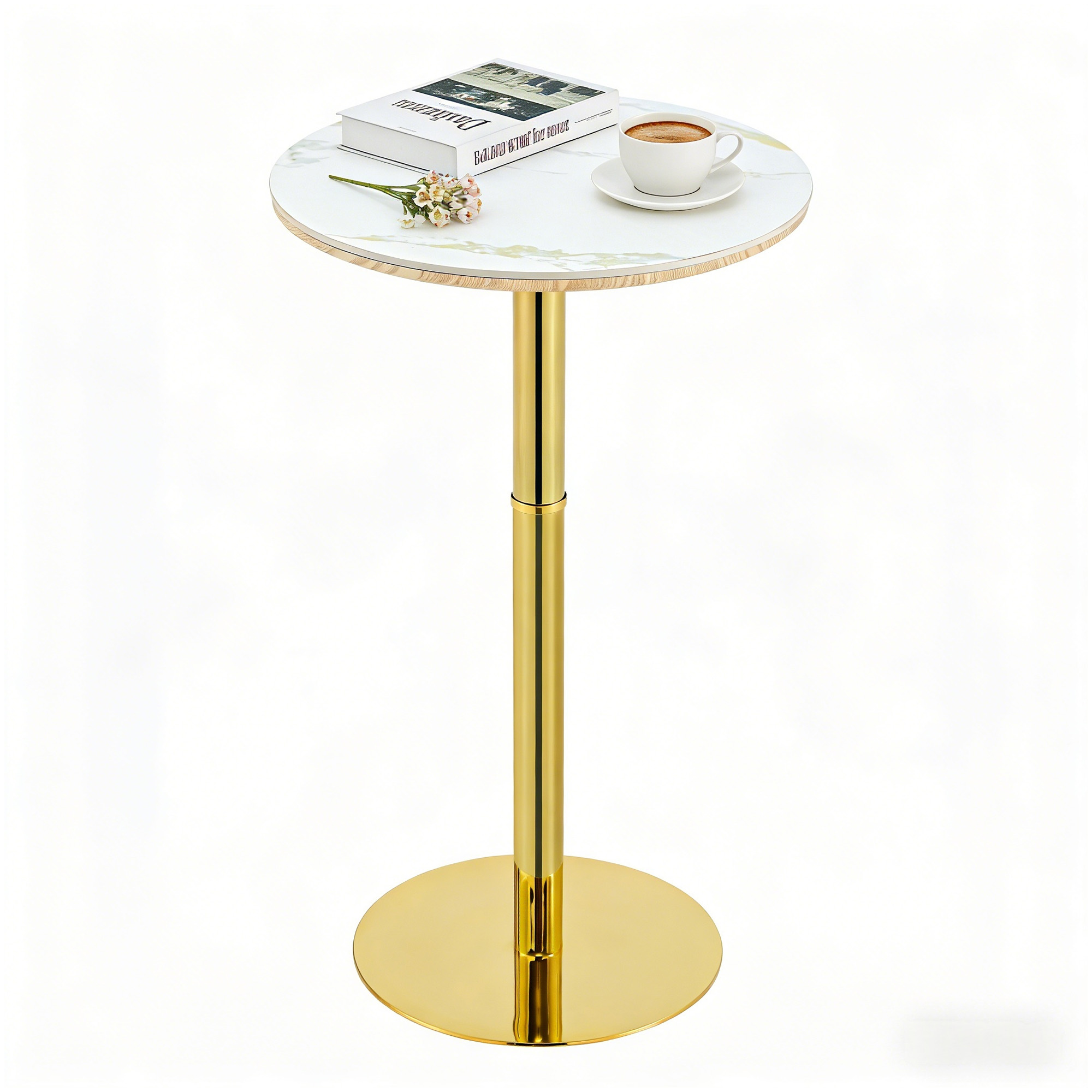 Rock Slab Circular Tabletop Non Adjustable  39.5 Inches High  Bar Table, Bar Table With Gold Legs And Base  White Gold - Image 11