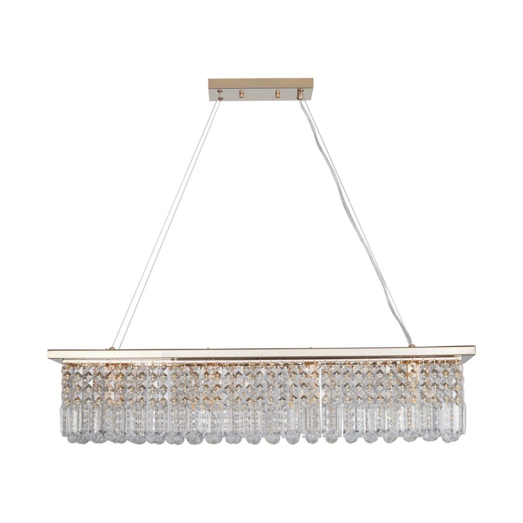 Modern Crystal Chandelier For Dining Room 8-Light Gold Rectangle Raindrop Chandelier Contemporary Rectangular Pendant Light Fixture For Kitchen Island Bar L39.4 X W9.8 X H8.7 Bulb Not Included