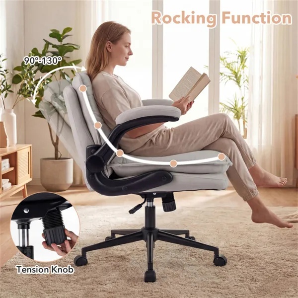 Criss Cross Chair With Flip-Up Arms, Faux Leather Cross Legged Office Chair With Adjustable Height & Rocking Function -Beige - Image 3