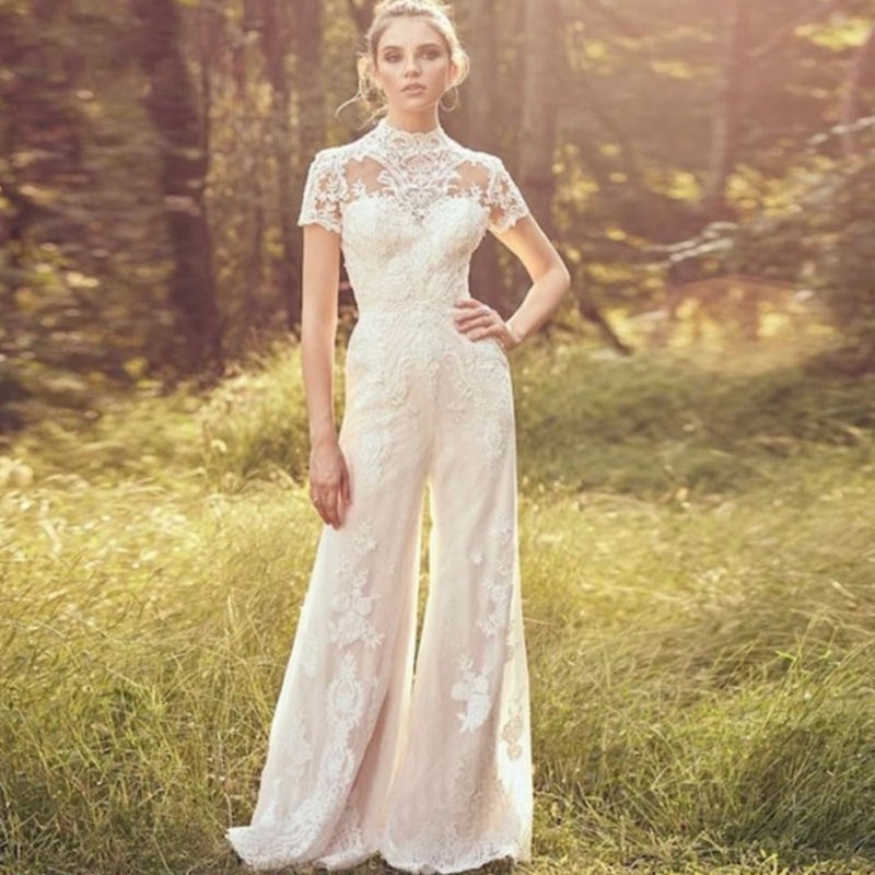Bride Pants Suit Wedding Bridal Gowns Short Sleeve Jumpsuit - Image 9