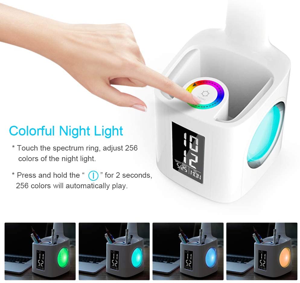 Study LED Desk Lamp USB Charging Port&Screen&Calendar&Colors Night Light Kids Dimmable Table Lamp With Pen Hold - Image 9