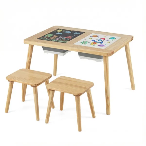 All-in-One Kids Activity Table And Chairs Set, Pine Wood Sensory Table With Foldable Storage Bins, Chalkboard & Whiteboard For Ages 3+ - Image 3