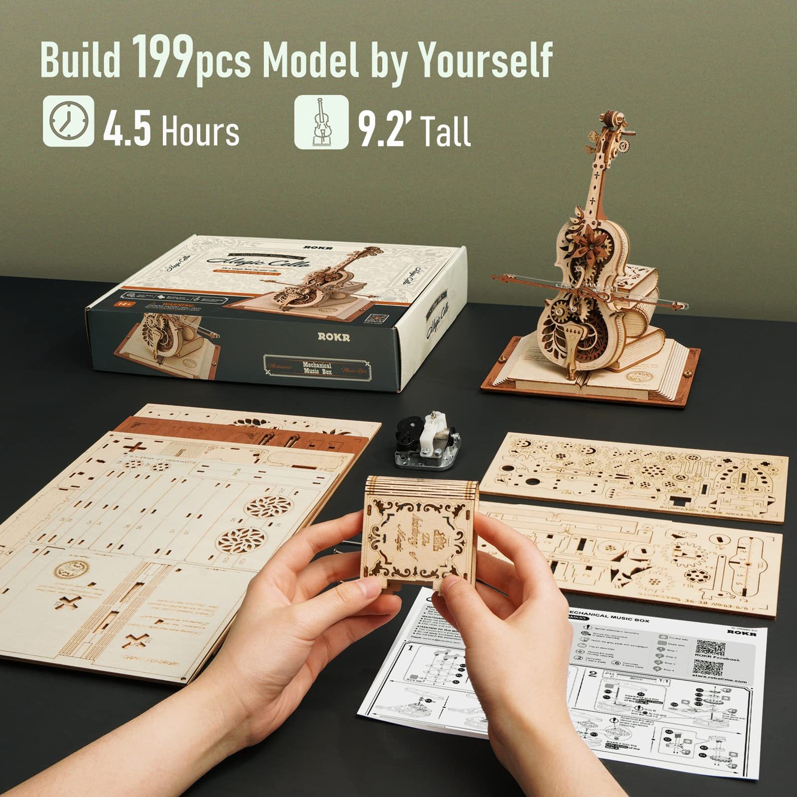 Robotime ROKR Magic Cello Mechanical Music Box Moveable Stem Funny Creative Toys For Child Girls 3D Wooden Puzzle AMK63 - Image 6