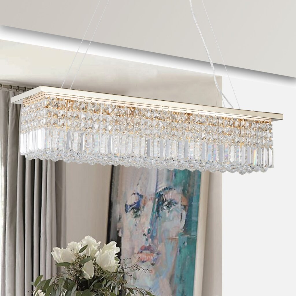 Modern Crystal Chandelier For Dining Room 8-Light Gold Rectangle Raindrop Chandelier Contemporary Rectangular Pendant Light Fixture For Kitchen Island Bar L39.4 X W9.8 X H8.7 Bulb Not Included